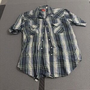 Ely Plains Mens Blue Plaid Short Sleeve Western Pearl Snap Shirt Large Cowboy